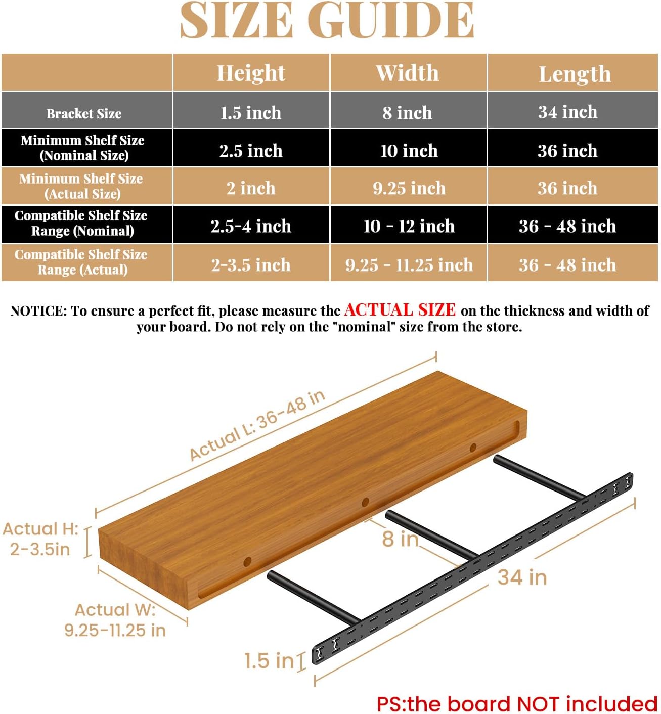 2pcs Floating Shelf Hardware Heavy Duty Hidden Shelf Brackets Support,Wall Mounting Invisible Floating Shelves Bracket with Jig (34" x 8" x 1.5" with Tools) - Image 3