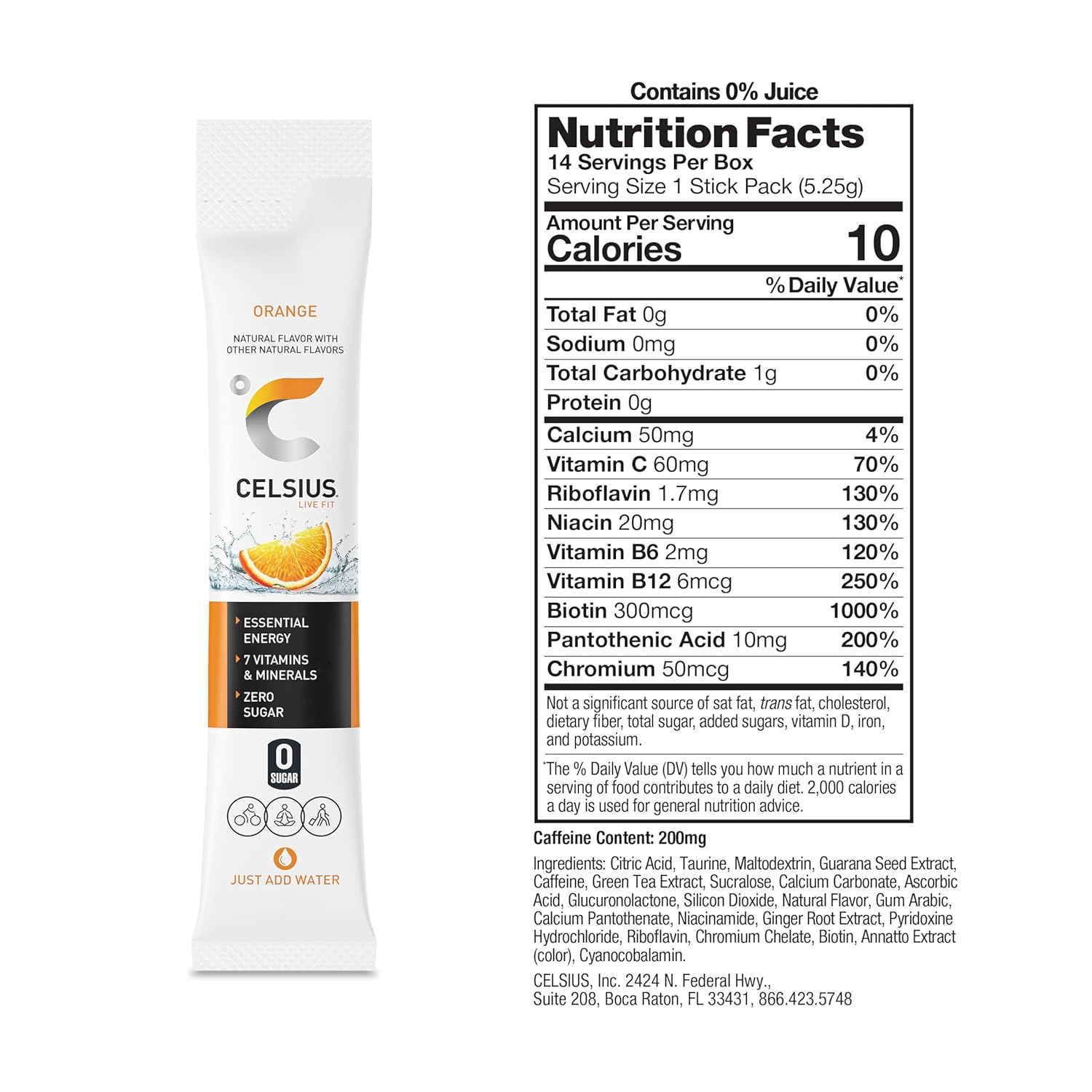CELSIUS On-the-Go Powder Stick Zero Sugar (14 Sticks per Pack), Orange, 2.60 Oz - Image 4